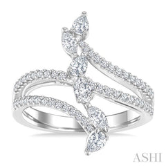 3/4 Ctw Three-Way Split Shank Mixed Diamond Cut Fashion Ring in 14K White Gold