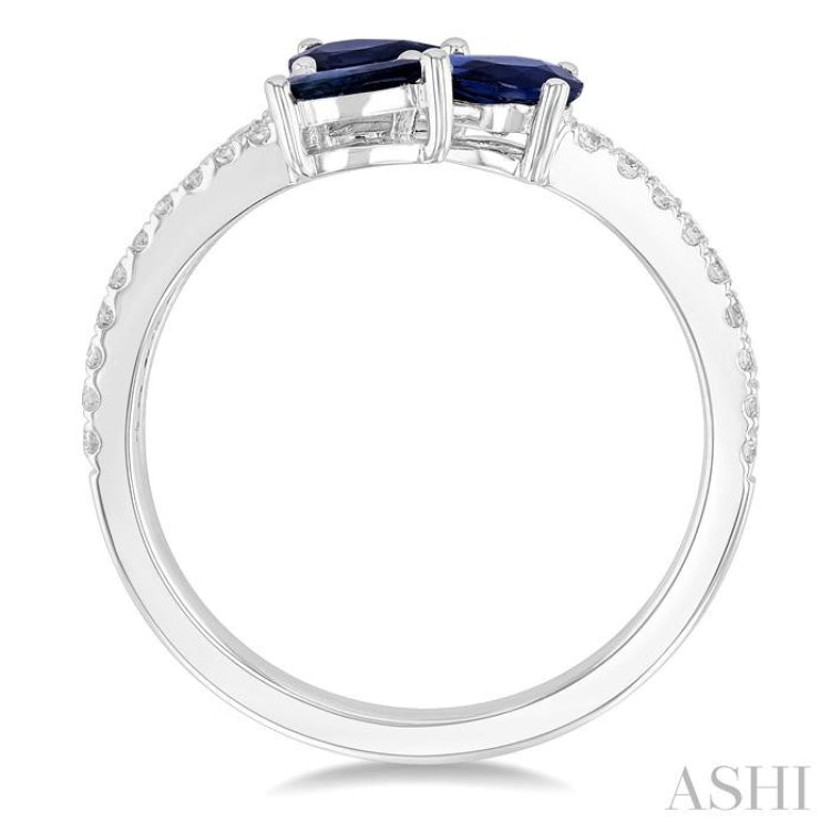 5X3MM Pear Cut Sapphire and 1/4 ctw Round Cut Embraced 3-Stone East-West Set Diamond Precious Open Fashion Ring in 14K White Gold