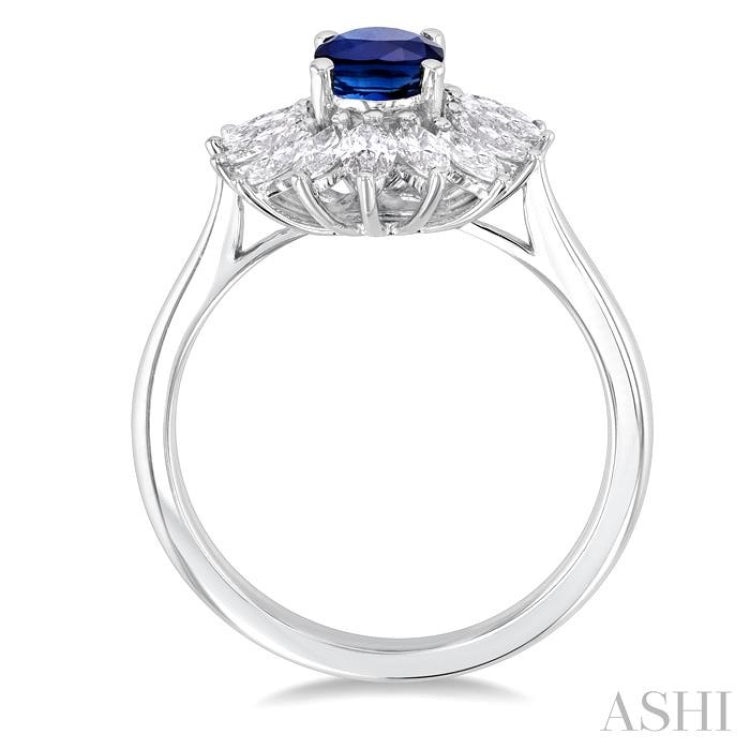 7X5MM Oval Cut Sapphire and 7/8 ctw Marquise Cut Diamond Floral Halo Precious Ring in 14K White Gold