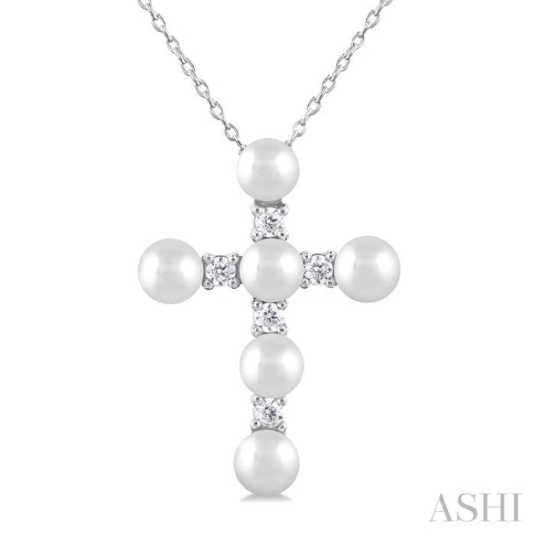 1/6 Ctw Cross 4X4 MM Cultured Pearl and Round Cut Diamond Fashion Pendant With Chain in 10K White Gold