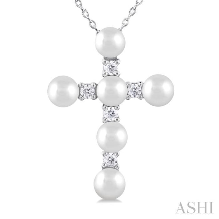 1/6 Ctw Cross 4X4 MM Cultured Pearl and Round Cut Diamond Fashion Pendant With Chain in 10K White Gold