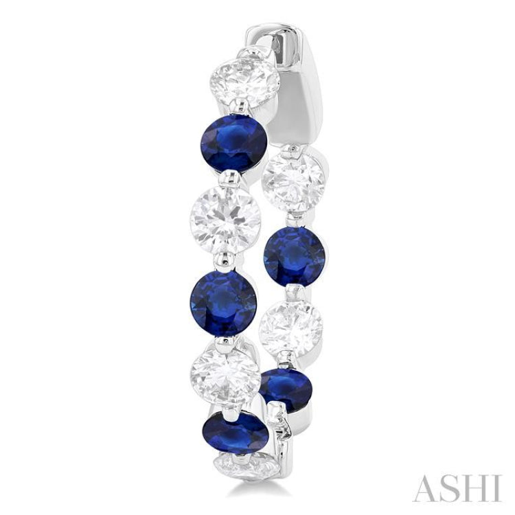 3.3MM Round Cut Sapphire and 1 5/8 ctw Round Cut Diamond Precious Inside-Out Alternating Hoop Earrings in 14K White Gold