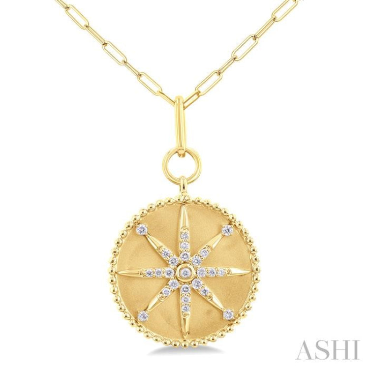 1/4 ctw Round Cut Diamond Compass Symbol Circle Medallion Fashion Pendant With Paper Clip Chain in 14K Yellow Gold