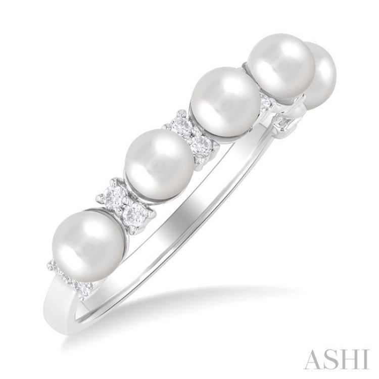 1/6 ctw White 4X4 MM Cultured Pearl and Round Cut Diamond Semi Precious Fashion Ring in 10K White Gold