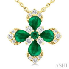 4X3MM Pear and 2MM Round Emerald and 1/6 ctw Round Cut Diamond Floral Blossom Precious Necklace in 14K Yellow Gold