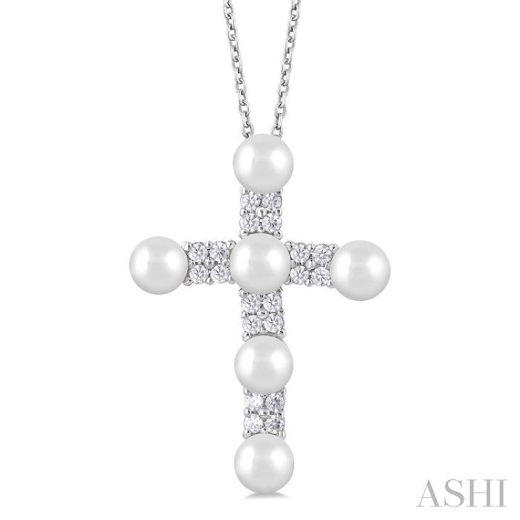 1/5 ctw Cross 4X4 MM Cultured Pearl and Round Cut Diamond Semi Precious Fashion Pendant With Chain in 10K White Gold