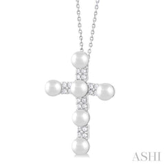 1/5 ctw Cross 4X4 MM Cultured Pearl and Round Cut Diamond Semi Precious Fashion Pendant With Chain in 10K White Gold