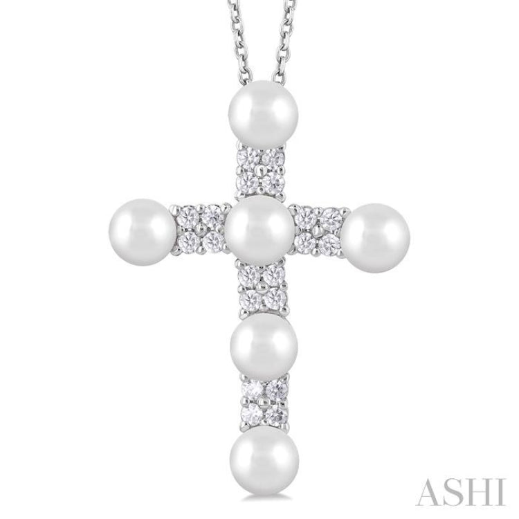 1/5 ctw Cross 4X4 MM Cultured Pearl and Round Cut Diamond Semi Precious Fashion Pendant With Chain in 10K White Gold