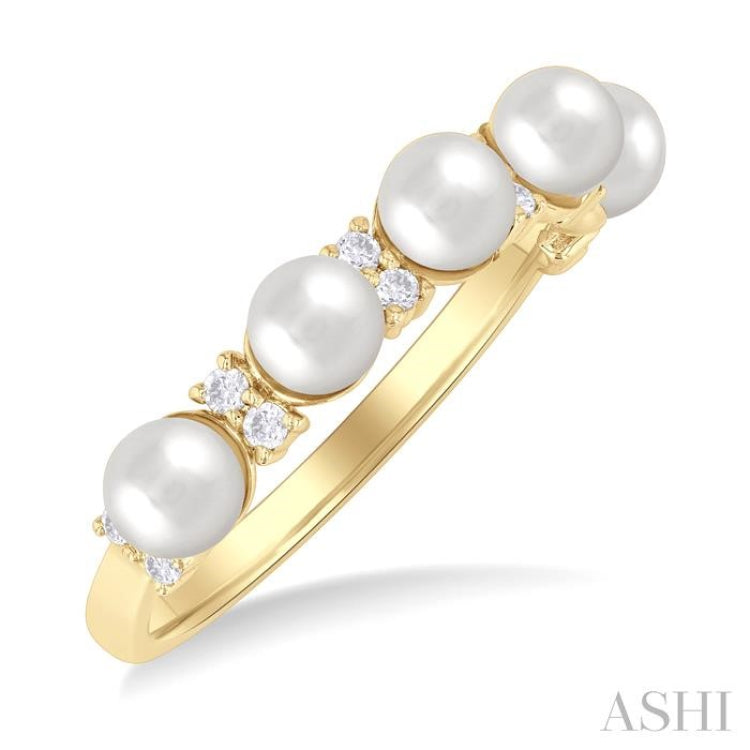 1/6 ctw White 4X4 MM Cultured Pearl and Round Cut Diamond Semi Precious Fashion Ring in 10K Yellow Gold