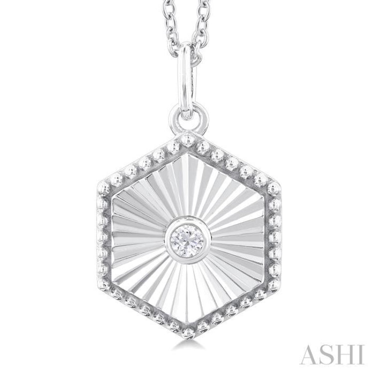 1/20 Ctw Hexagon fluted medallion Round Cut Diamond Pendant With Chain in 14K White Gold