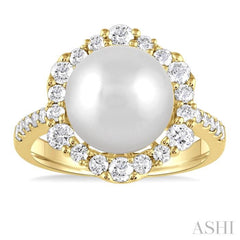 10MM Cultured Pearl and 3/4 Ctw Hexagon Shape Round Cut Diamond Ring in 14K Yellow Gold