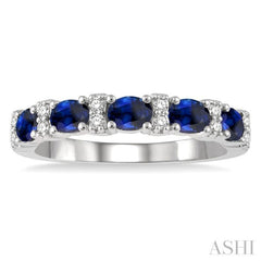 1/6 Ctw Oval Shape 4x3 MM Sapphire and Round Cut Diamond Precious Band in 14K White Gold