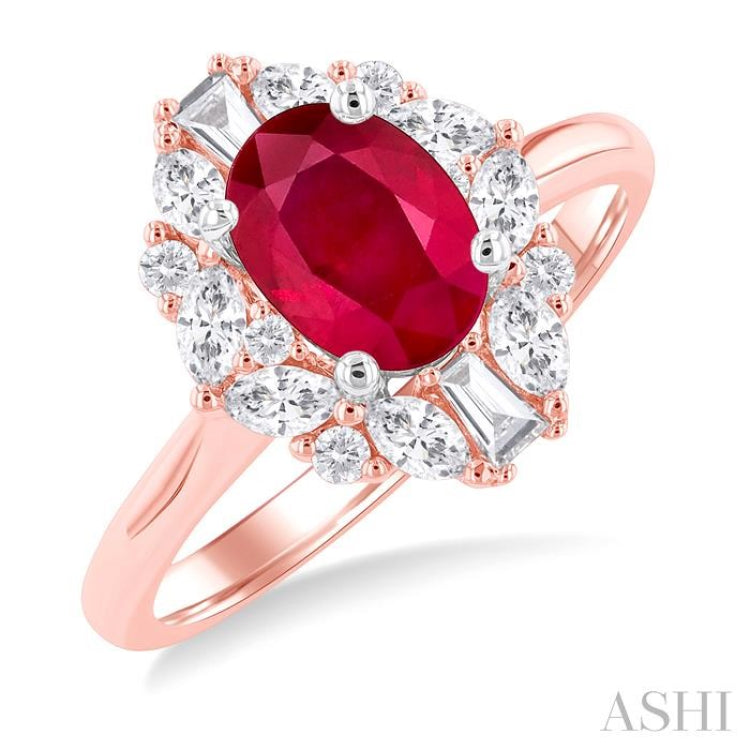 7X5MM Oval Cut Ruby and 5/8 ctw Mixed Diamond Cut Halo Precious Ring in 14K Rose and White Gold