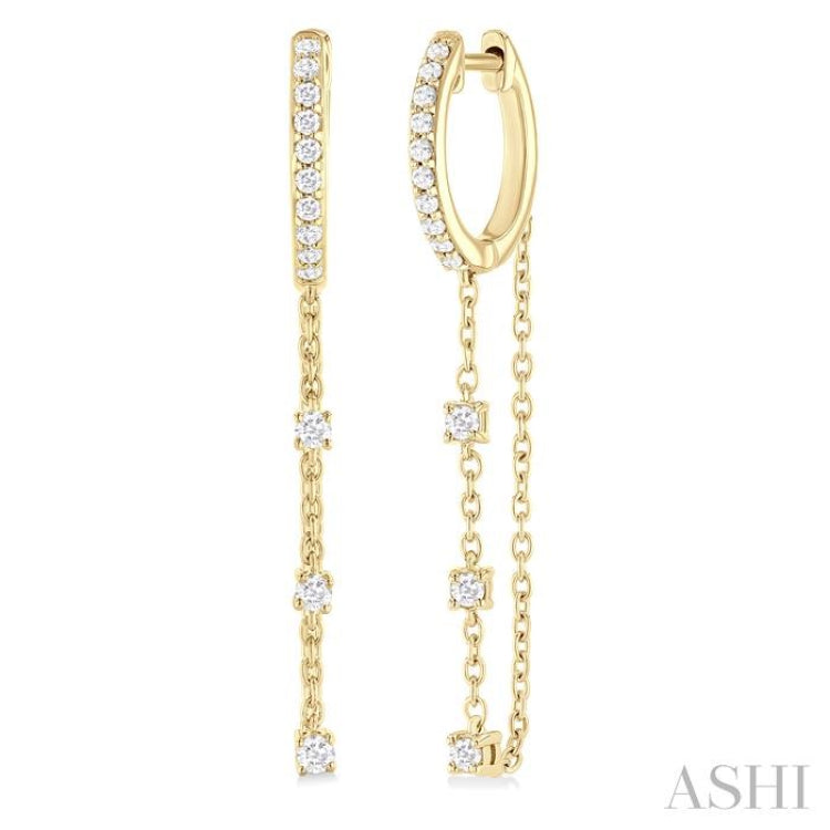 1/3 Ctw Round Cut Diamond Chain Dangler Hoop Earring in 10K Yellow Gold