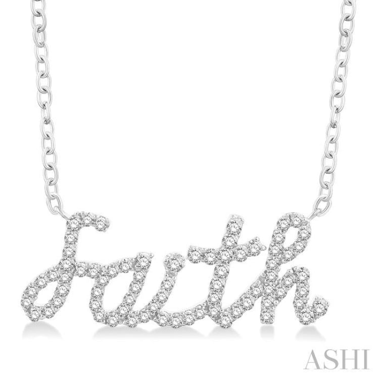 1/4 Ctw 'Faith' Script Round Cut Diamond Necklace in 10K White Gold