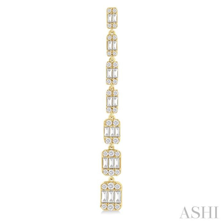 1 1/2 Ctw Fusion Baguette and Round Cut Diamond Fashion Long Earring in 14K Yellow Gold