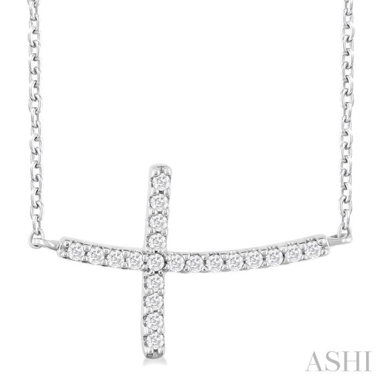 1/10 Ctw Petite Sideways Cross Round Cut Diamond Fashion Pendant With Chain in 10K White Gold