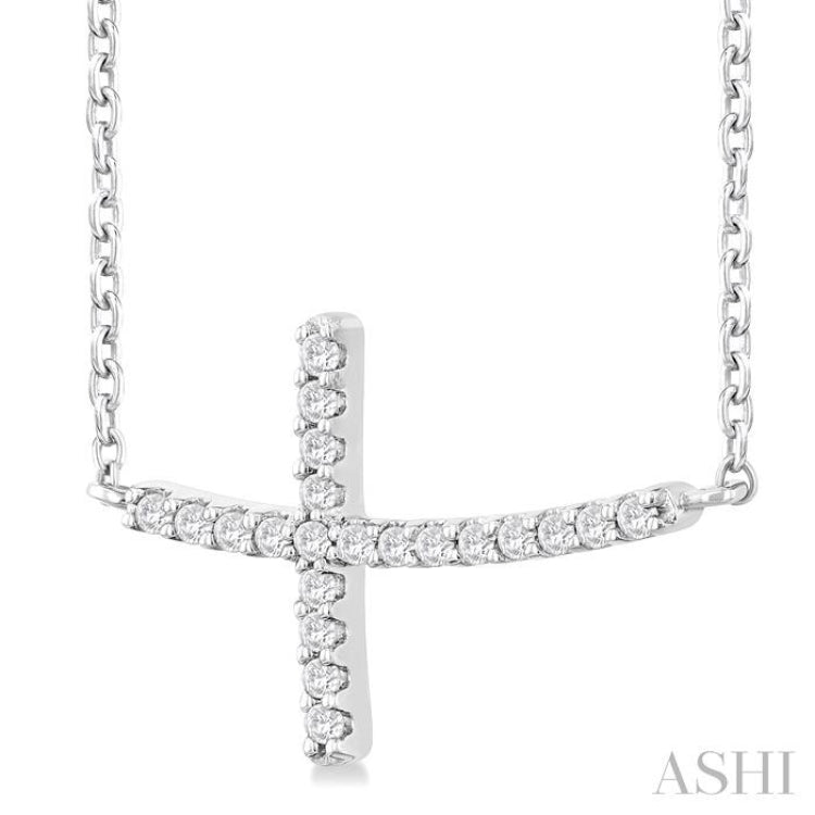 1/10 Ctw Petite Sideways Cross Round Cut Diamond Fashion Pendant With Chain in 10K White Gold