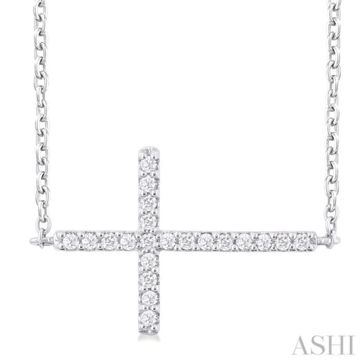 1/10 Ctw Petite Sideways Cross Round Cut Diamond Fashion Pendant With Chain in 10K White Gold