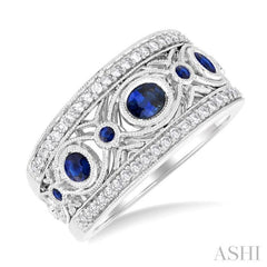 4X3MM Oval Cut and 1.4MM, 1.5MM & 2.8MM Round Cut Sapphire and 1/3 ctw Round Cut Diamond Precious Fashion Band in 14K White Gold