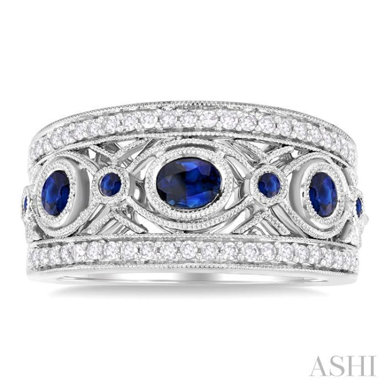 4X3MM Oval Cut and 1.4MM, 1.5MM & 2.8MM Round Cut Sapphire and 1/3 ctw Round Cut Diamond Precious Fashion Band in 14K White Gold