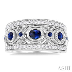 4X3MM Oval Cut and 1.4MM, 1.5MM & 2.8MM Round Cut Sapphire and 1/3 ctw Round Cut Diamond Precious Fashion Band in 14K White Gold