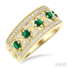 2.8MM Hexagon Window Emerald and 1/2 ctw Round Cut Diamond Precious Fashion Band in 14K Yellow Gold