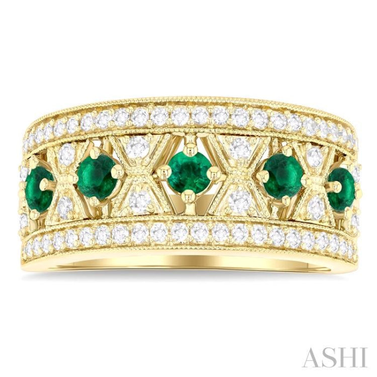 2.8MM Hexagon Window Emerald and 1/2 ctw Round Cut Diamond Precious Fashion Band in 14K Yellow Gold