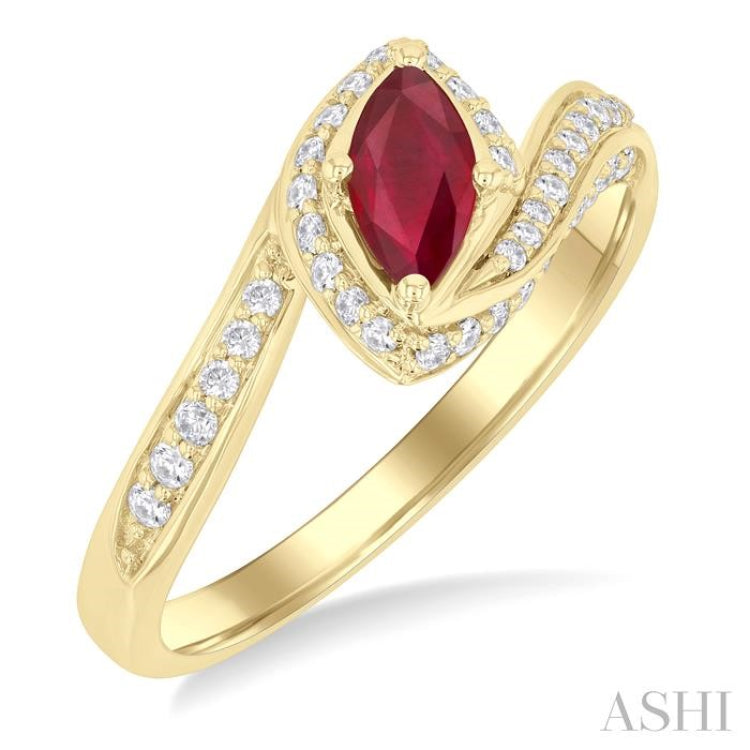 1/4 Ctw Bypass Marquise Cut 7X3.5 MM Ruby and Round Cut Diamond Precious Ring in 10K Yellow Gold