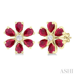 1/10 Ctw Floral Blossom 4X3 MM Pear Cut Ruby and Round Cut Diamond Precious Stud Earring in 14K Yellow Gold