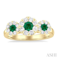 5/8 ctw Lovebright Past, Present and Future 3.80 & 3.00MM Emerald and Round Cut Diamond Precious Ring in 14K Yellow Gold