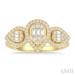 5/8 Ctw Pear Shape Past, Present & Future Fusion Baguette and Round Cut Diamond Halo Engagement Ring in 14K Yellow Gold