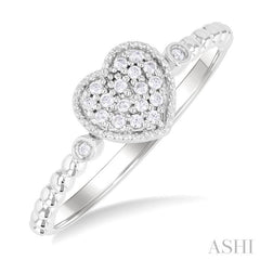 1/8 Ctw Petite Bead Shank Heart Motif Round Cut Diamond Fashion Ring in 10K White Gold