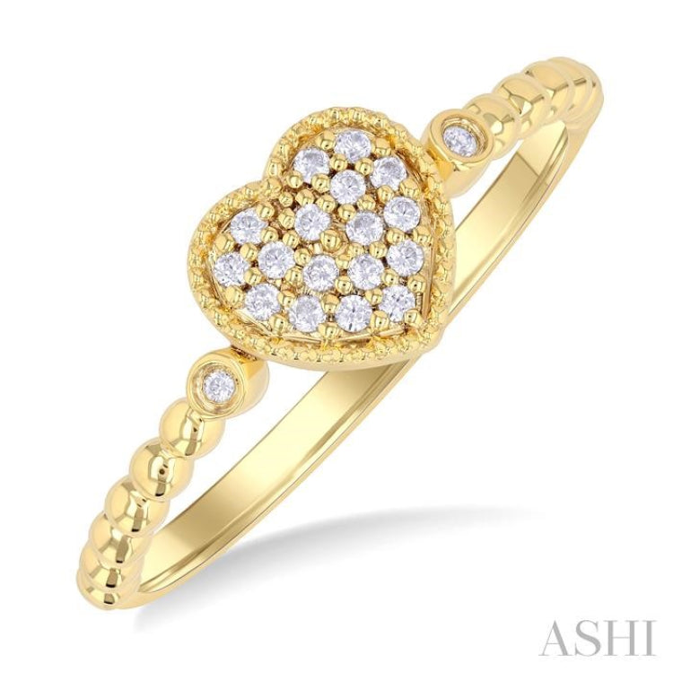 1/8 Ctw Petite Bead Shank Heart Motif Round Cut Diamond Fashion Ring in 10K Yellow Gold