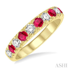 1/2 ctw Round Cut Diamond and 2.9MM Ruby Precious Wedding Band in 14K Yellow Gold