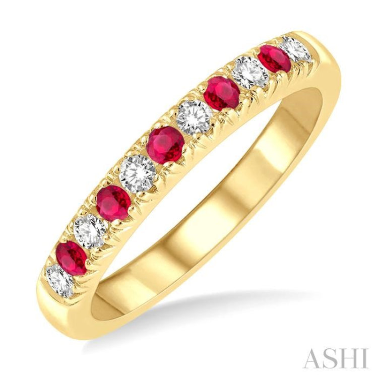 1/5 ctw Round Cut Diamond and 2MM Ruby Precious Wedding Band in 14K Yellow Gold