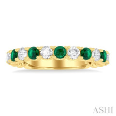 3/8 ctw Round Cut 2.60MM Emerald and Diamond Precious Wedding Band in 14K Yellow Gold