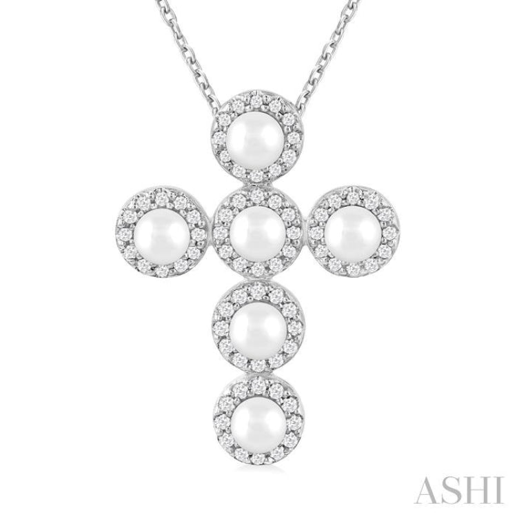 1/4 Ctw Cross 4X4 MM Cultured Pearl and Round Cut Diamond Pendant With Chain in 14K White Gold