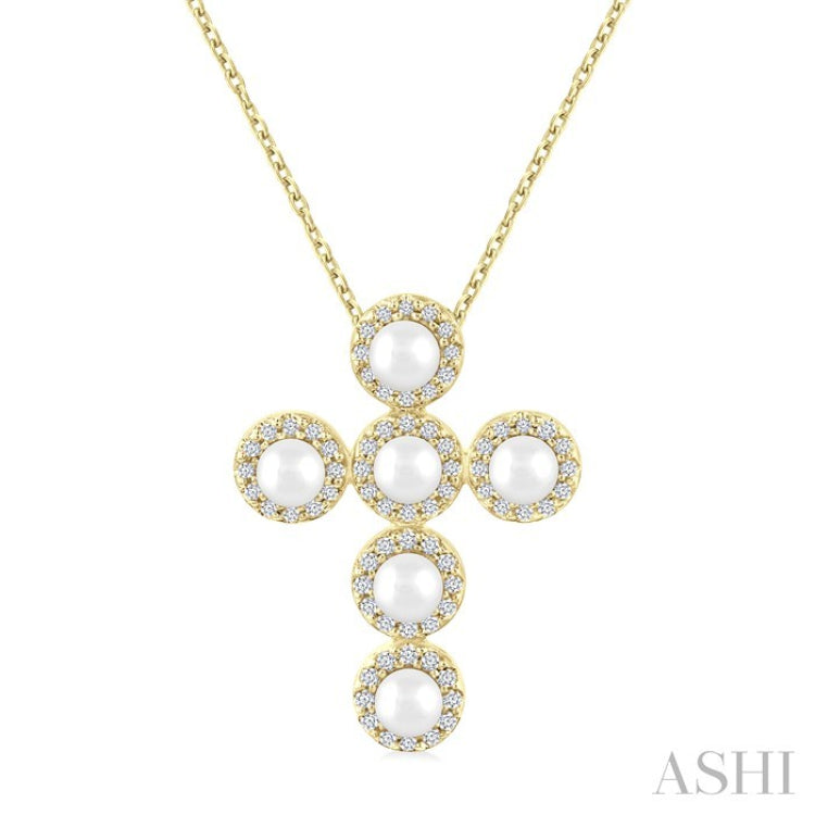 3 MM Round Shape Cultured Pearl and 1/4 Ctw Round Cut Diamond Cross Pendant With Chain in 14K Yellow Gold