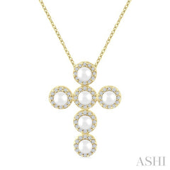3 MM Round Shape Cultured Pearl and 1/4 Ctw Round Cut Diamond Cross Pendant With Chain in 14K Yellow Gold