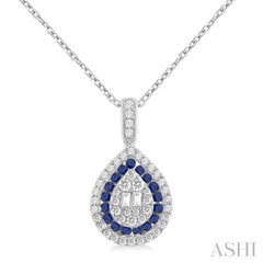 1/4 Ctw Pear Shape 1.25 MM & 1.45 MM Sapphire, Baguette and Round Cut Diamond Precious Pendant With Chain in 14K White Gold