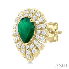 1/3 Ctw Starburst 5X3 MM Pear Cut Emerald and Round Cut Diamond Precious Stud Earring in 14K Yellow Gold