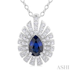 1/3 Ctw Starburst 6X4 MM Pear Cut Sapphire and Round Cut Diamond Precious Pendant With Chain in 14K White Gold