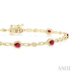 1/20 Ctw Pear Cut 4X3 MM Ruby and Round Cut Diamond Precious Fashion Bracelet in 10K Yellow Gold