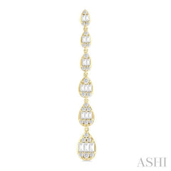 1 1/2 Ctw Pear Shape Fusion Baguette and Round Cut Diamond Fashion Long Earring in 14K Yellow Gold