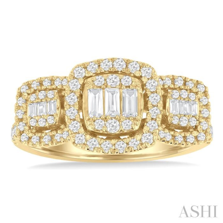 3/4 Ctw Cushion Shape Past, Present & Future Fusion Baguette and Round Cut Diamond Engagement Ring in 14K Yellow Gold