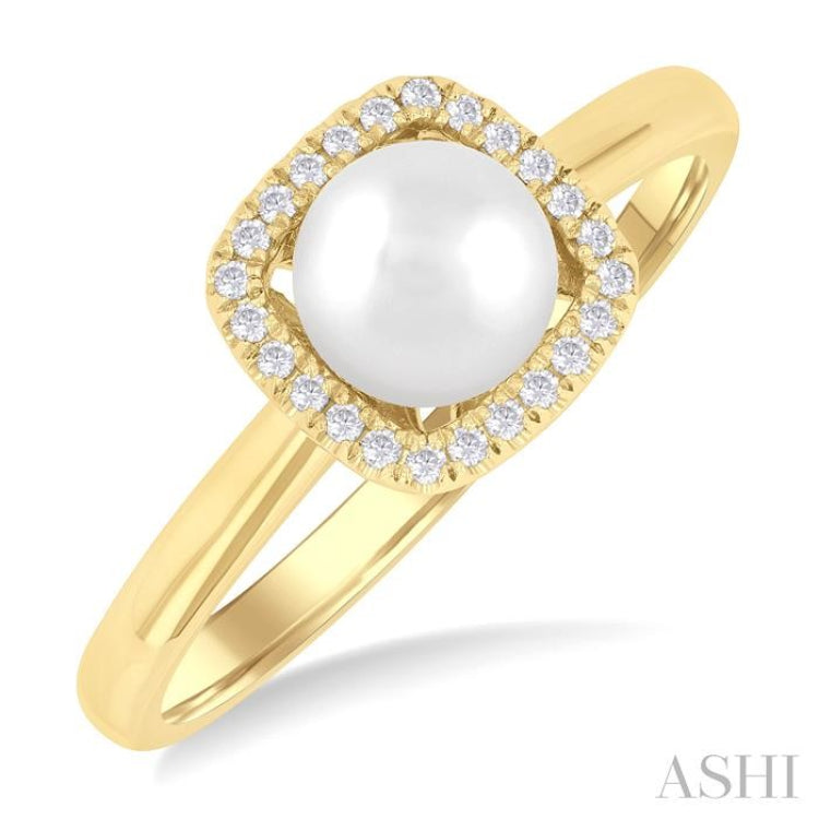 1/10 Ctw Petite 6 MM Cultured Pearl and Cushion-Shaped Round Cut Diamond Halo Ring in 10K Yellow Gold