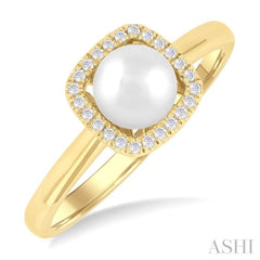 1/10 Ctw Petite 6 MM Cultured Pearl and Cushion-Shaped Round Cut Diamond Halo Ring in 10K Yellow Gold