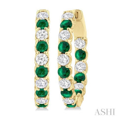 2.5MM Emerald and 1 ctw Round Cut Inside-Out Diamond Precious Hoop Earrings in 14K Yellow Gold