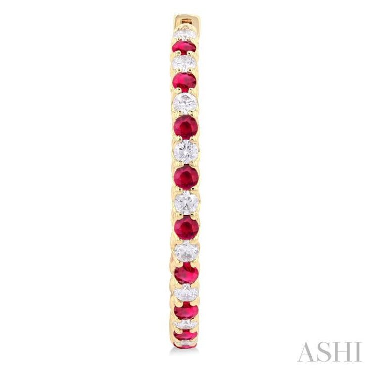 2.3MM Round Ruby and 1 1/2 ctw Round Cut Diamond Inside & Outside Alternating Precious Hoop Earrings in 14K Yellow Gold